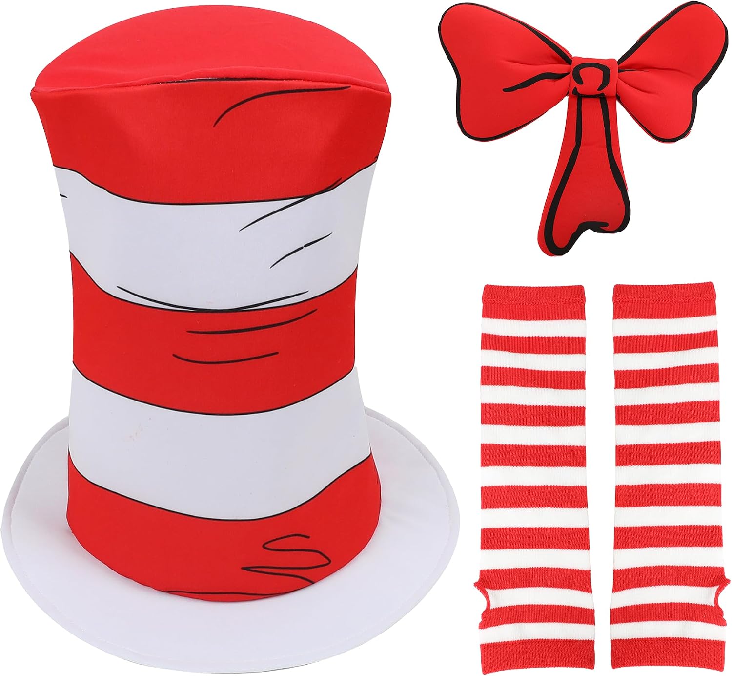 Wizland Accessories for Read Book Day Costume，Cat Hat in White and Red Stripe Print Suit，Book Character Cosplay for Kid Adult