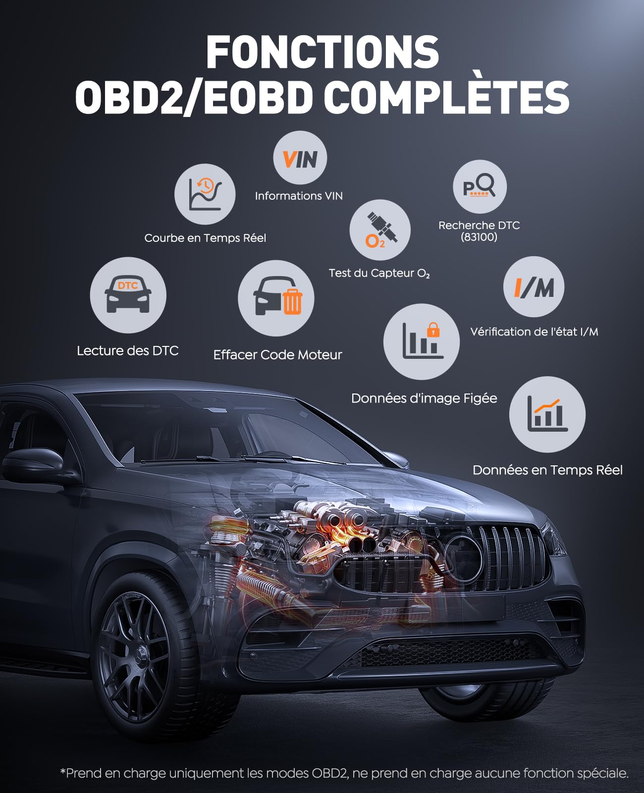Booster Batterie Voiture avec OBD2 Diagnostic, 7000A Démarreur Voiture(Tous Gaz ou 10.0L Diesel), OBD Diagnostique Français avec Tests de Tension, Booster avec Diagnostic OBDII, Écran, Pince, LED