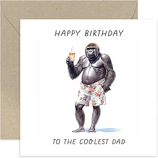 Old English Co. Funny Birthday Card for Dad - Gorilla 'Coolest Dad' Birthday Greeting Card for Him Men - Humorous Animal Birthday Card for Dad from Son or Daughter | Blank Inside with Envelope