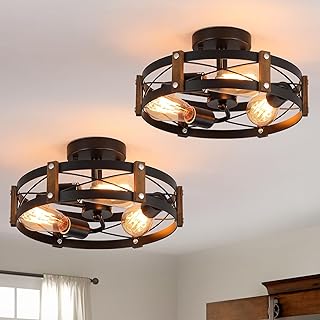 2 Pack 3-Light Rustic Farmhouse Wood Flush Mount Ceiling Light Fixture 13.6 inch Oak Wood and Metal Round Cage Semi Flush Mount Ceiling Light for Hallway Hall Entry Bedroom Kitchen Farmhouse, Black