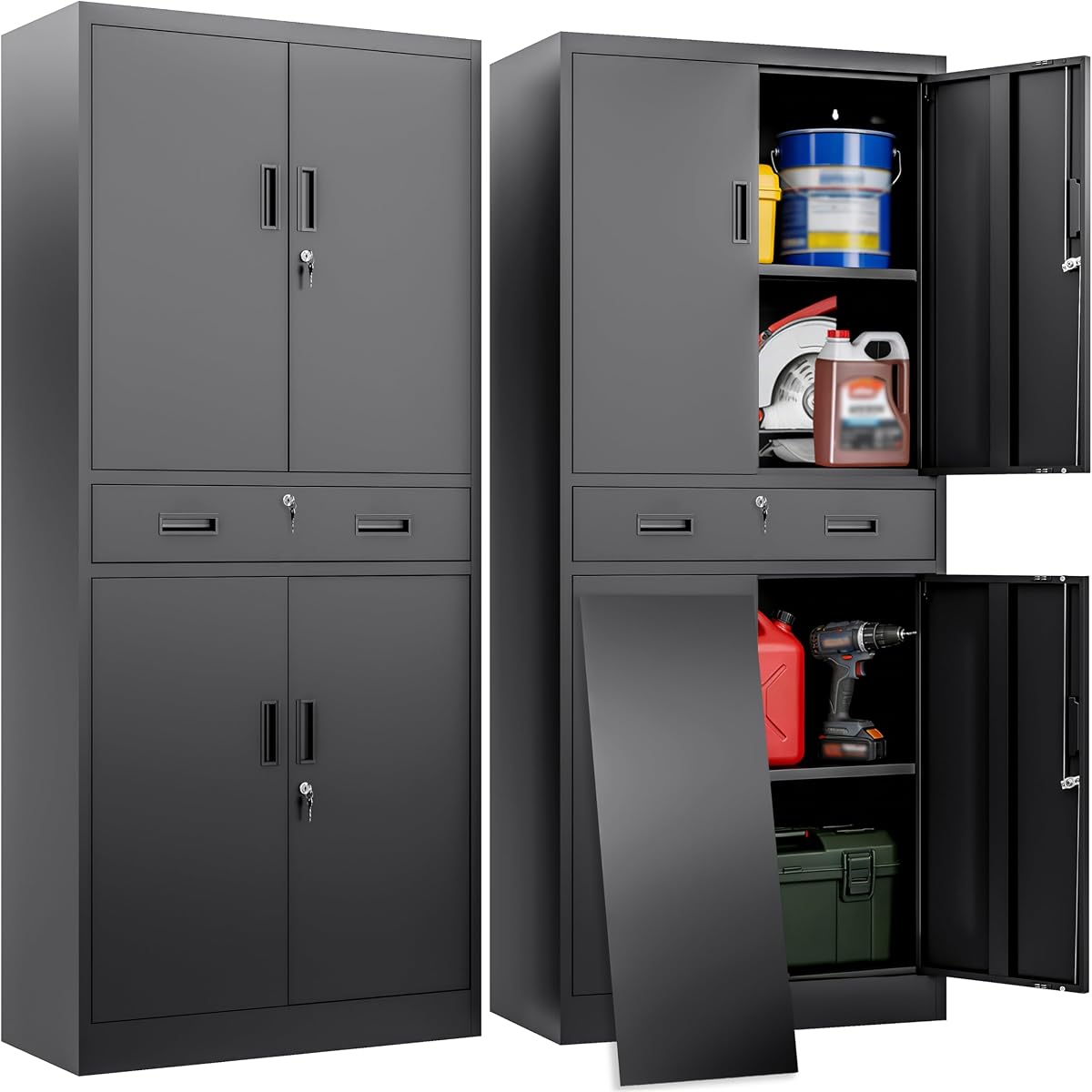 Gabinete de almacenamiento de garaje de metal con puertas con cajón y 2 estantes ajustables, gabinetes de almacenamiento altos negros, gabinete con cerradura para archivos de herramientas para garaje, oficina, almacén (71 pulgadas de alto)