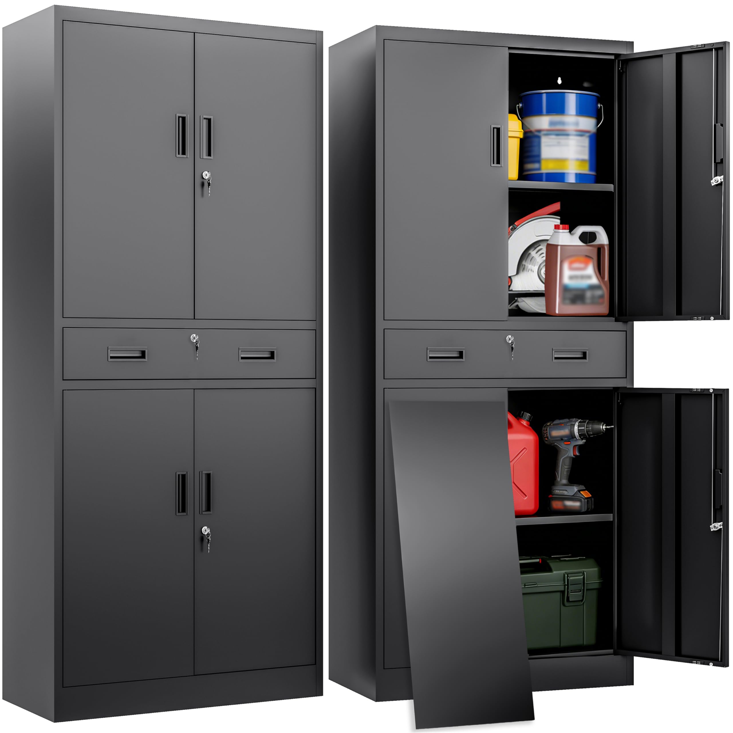 BESFUR Metal Garage Storage Cabinet with a Drawer Locking Doors and 2 Adjustable Shelves