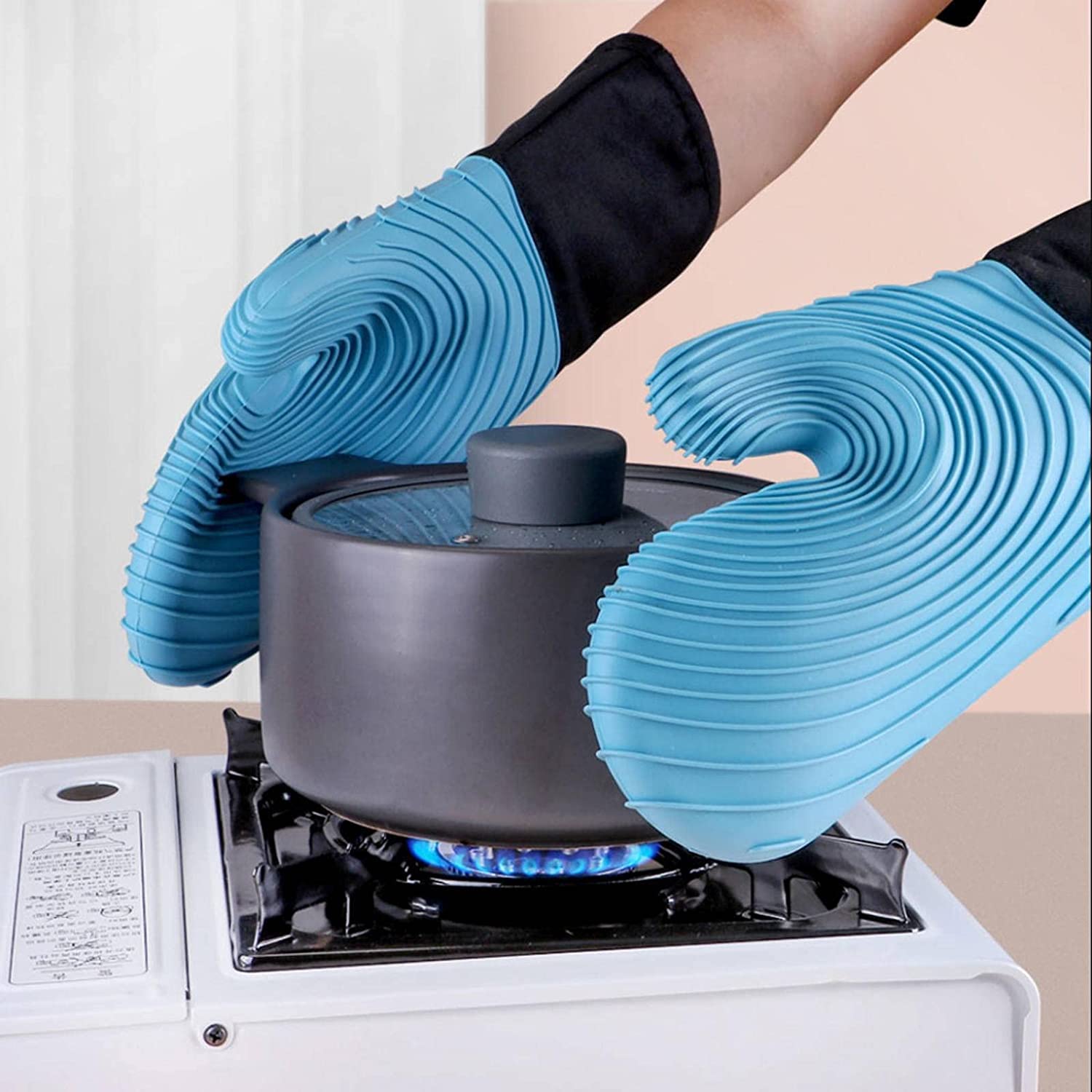 Guantes de horno Guantes de horno resistentes al calor, guantes de horno de algodón de silicona, guantes de horno antideslizantes para cocinar a la parrilla Lavable a máquina para cocinar, hornear y a