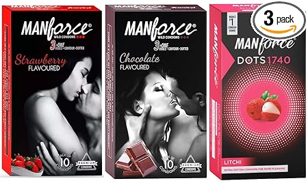 Manforce Condoms Combo Pack (3in1 Strawberry, 3in1 Chocolate & Extra Dotted Litchi Flavoured)- 10 Pieces (Pack of 3)