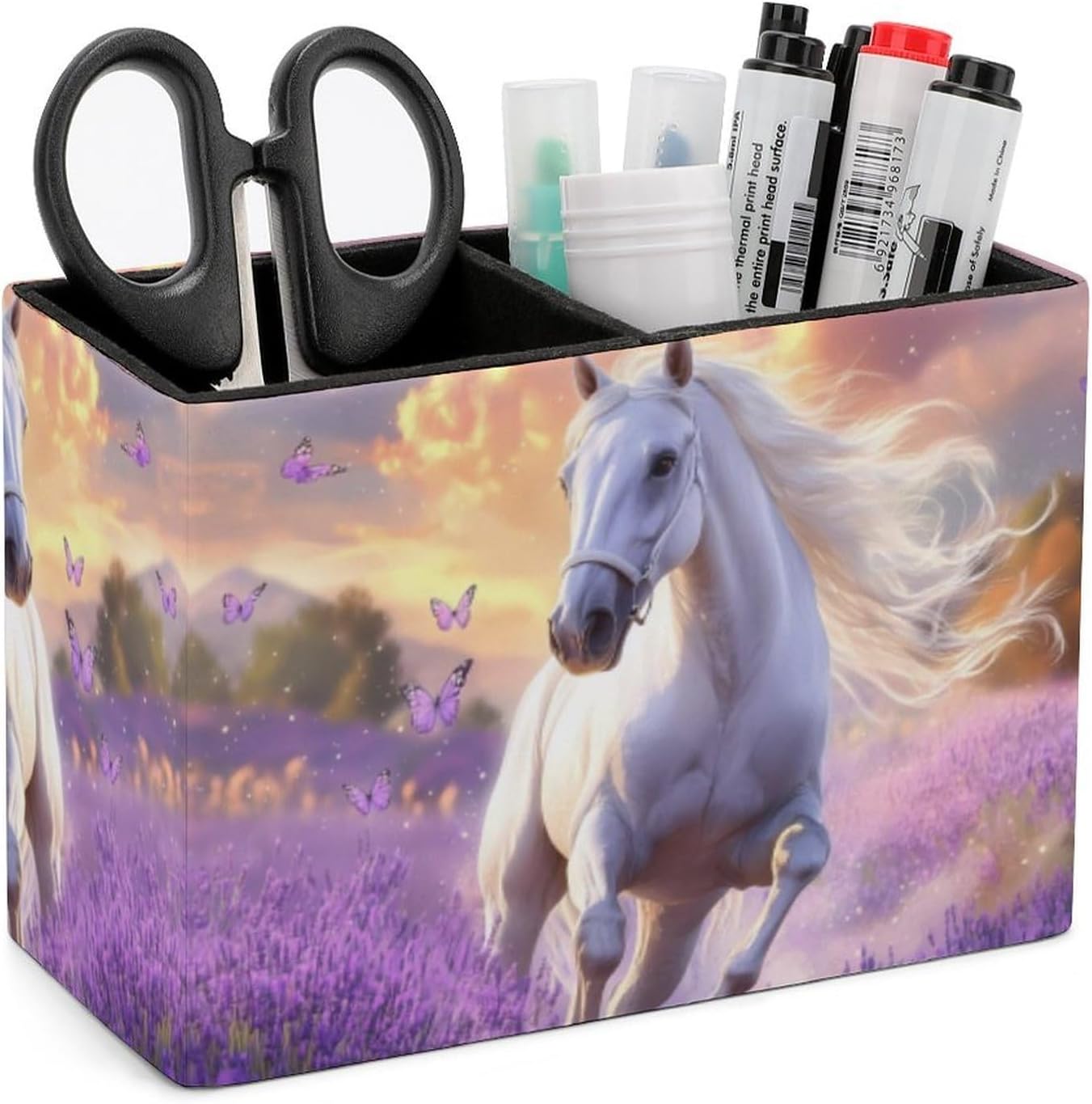 White Horse Lavender Flowers Pencil Pen Holder PU Leather Desk Storage Organizer Makeup Brush Box