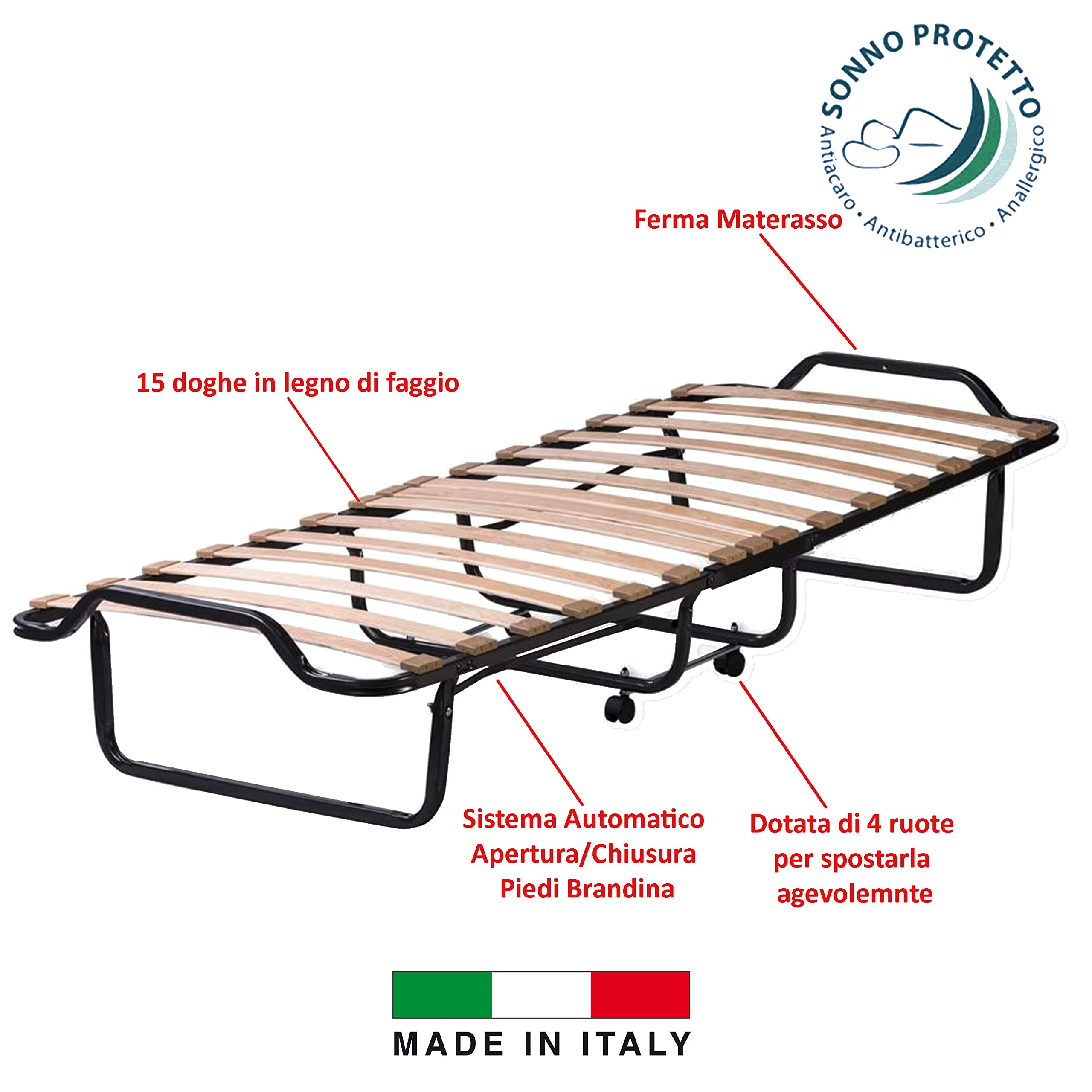 Somnus SANA - Brandina Pieghevole Singola, Con rotelle e materasso in WaterFoam, 80 x 200 x 38 cm