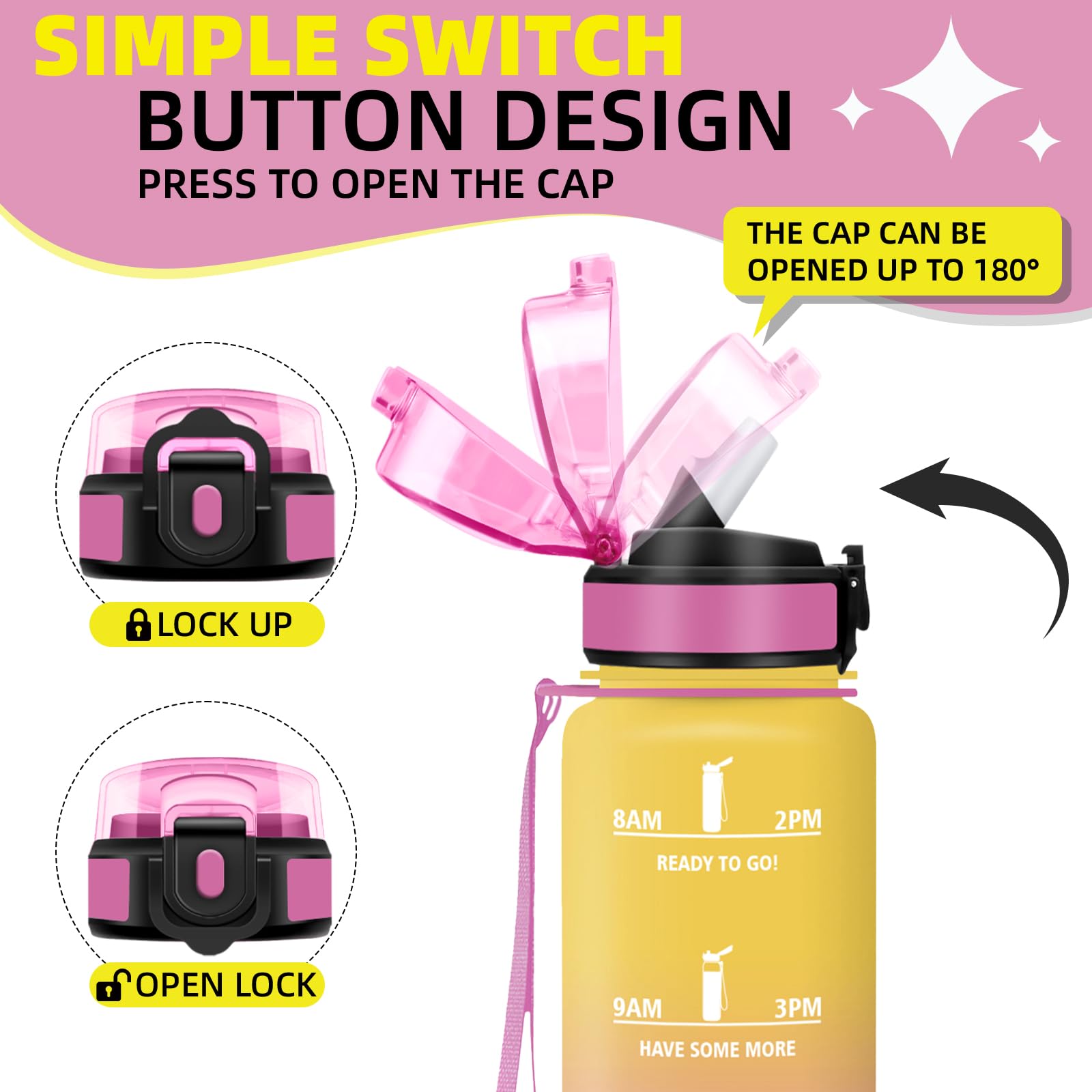 Trinkflasche 1l, Wasserflasche Auslaufsichere, Trinkflasche Sport mit Sichere Verriegelung, Mit Zeitmarkierung und Schnürung, Flasche mit Strohhalm, Water Bottle für Uni, Fitnessstudio, Outdoor - 5