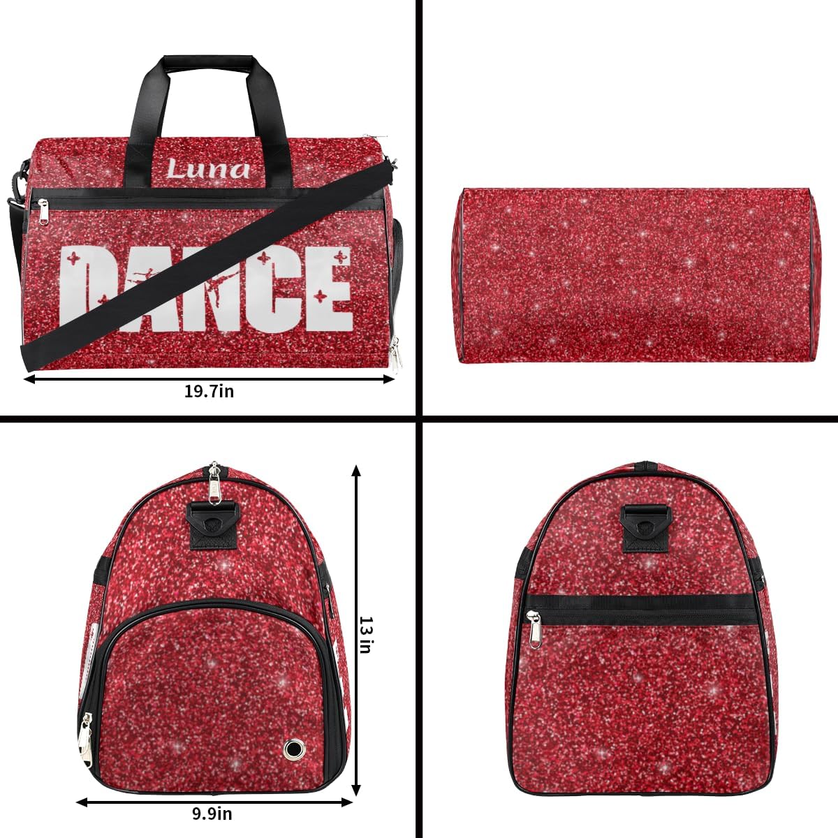 Personalized Red Glitter Dance Bag for Girl Women, Custom Name Sport Gym Bag with Shoes Compartment Gymnastics Duffel Bag Yoga Overnight Weekender Bag