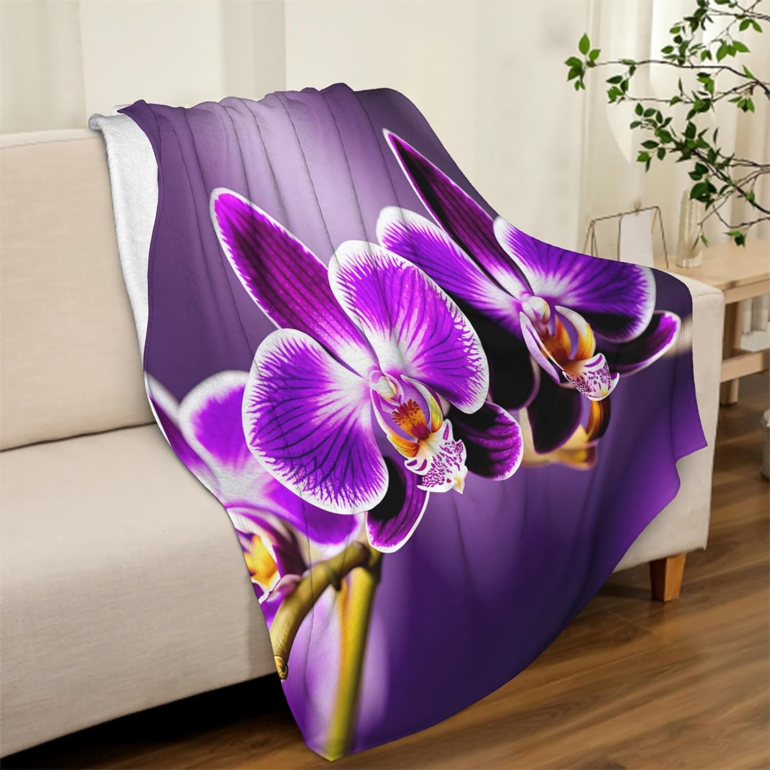 Couverture Polaire 180 x 220 cm Violet, Plaid Polaire Orchidée Couverture 3D Imprimée Flanelle Blanket Literie 2 Personnes, Couvertures Doux et Chaude pour Canape Lit K155