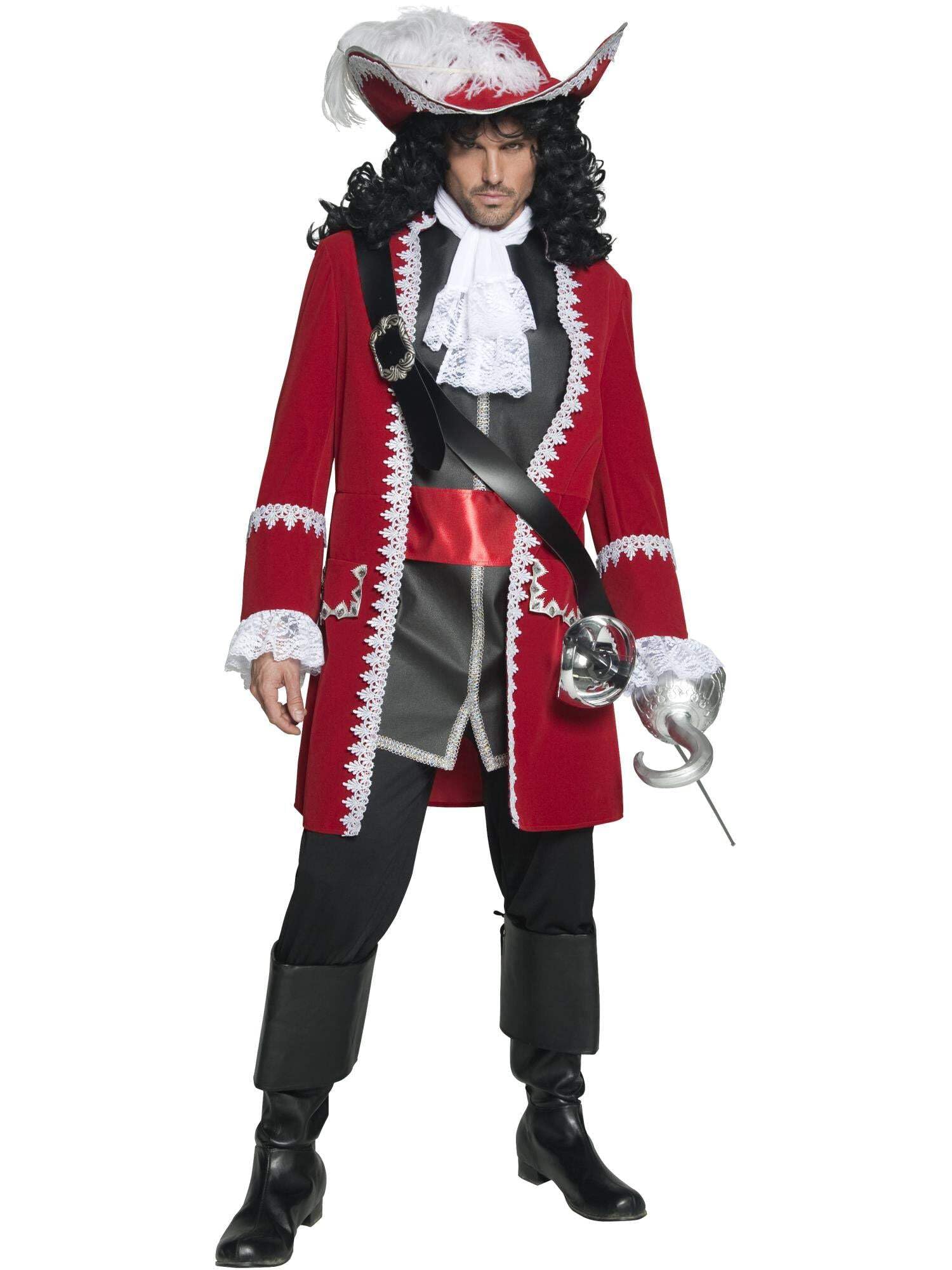 Smiffys Deluxe Authentic Pirate Captain Costume, Red Jacket, Trousers, Top with Attached Sash & Cravat, Pirate Fancy Dress, Pirate Dress Up Costumes