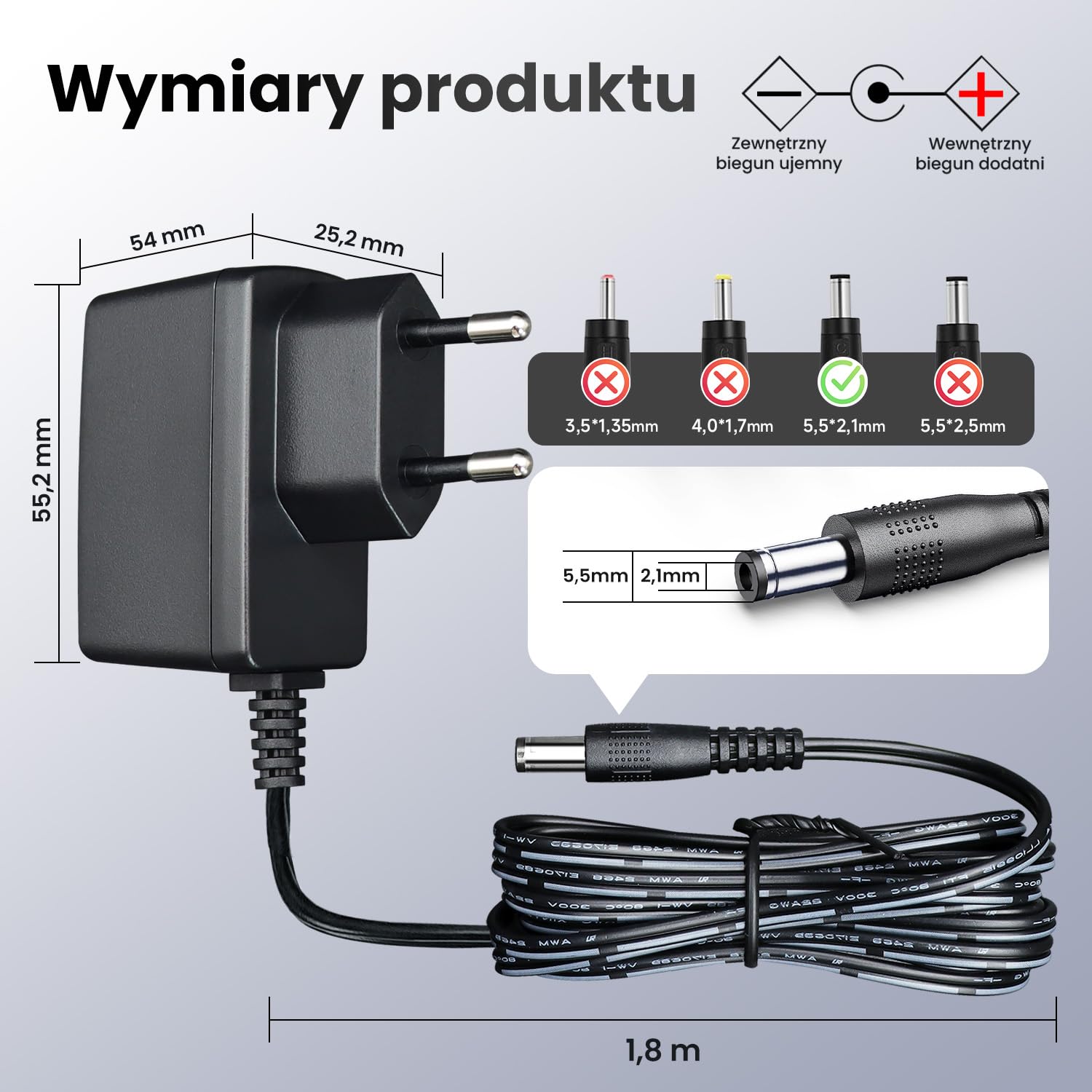 Adapter zasilacza 9 V 0,5 A 4,5 W 1,8 m, adapter przełączający AC-DC (wejście 100 – 240 V, wyjście 9 V 0,5 A), DC 9 V 5,5 x 2,1 mm, wtyczka transformatorowa do montażu na ścianie