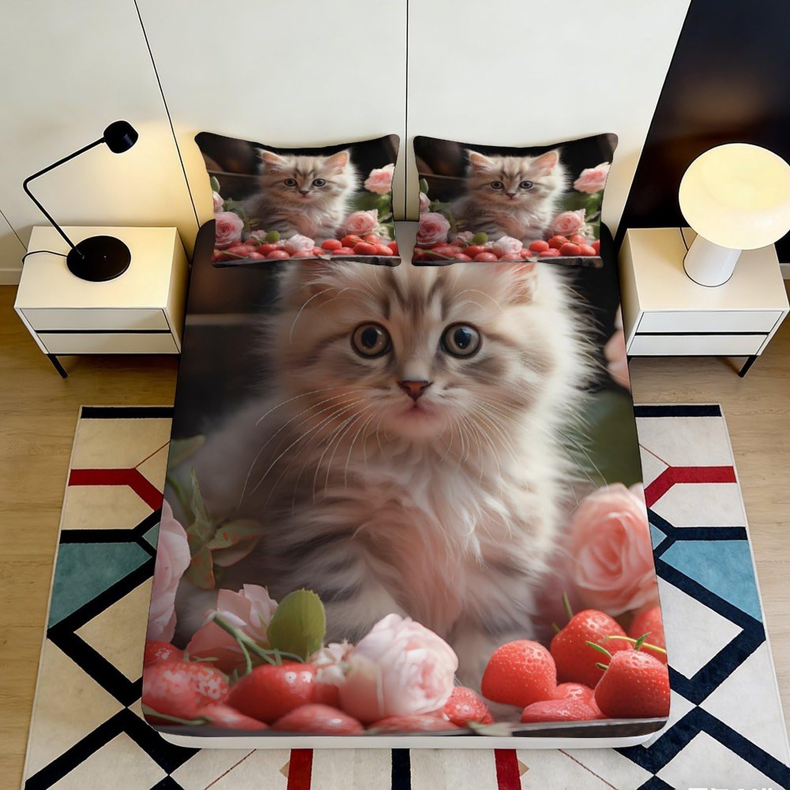 Decorative kitten fitted sheet 3D Printed, soft touch microfiber, wrinkle resistant, home decor, guest room bedding, mattress cover 90x200x25cm