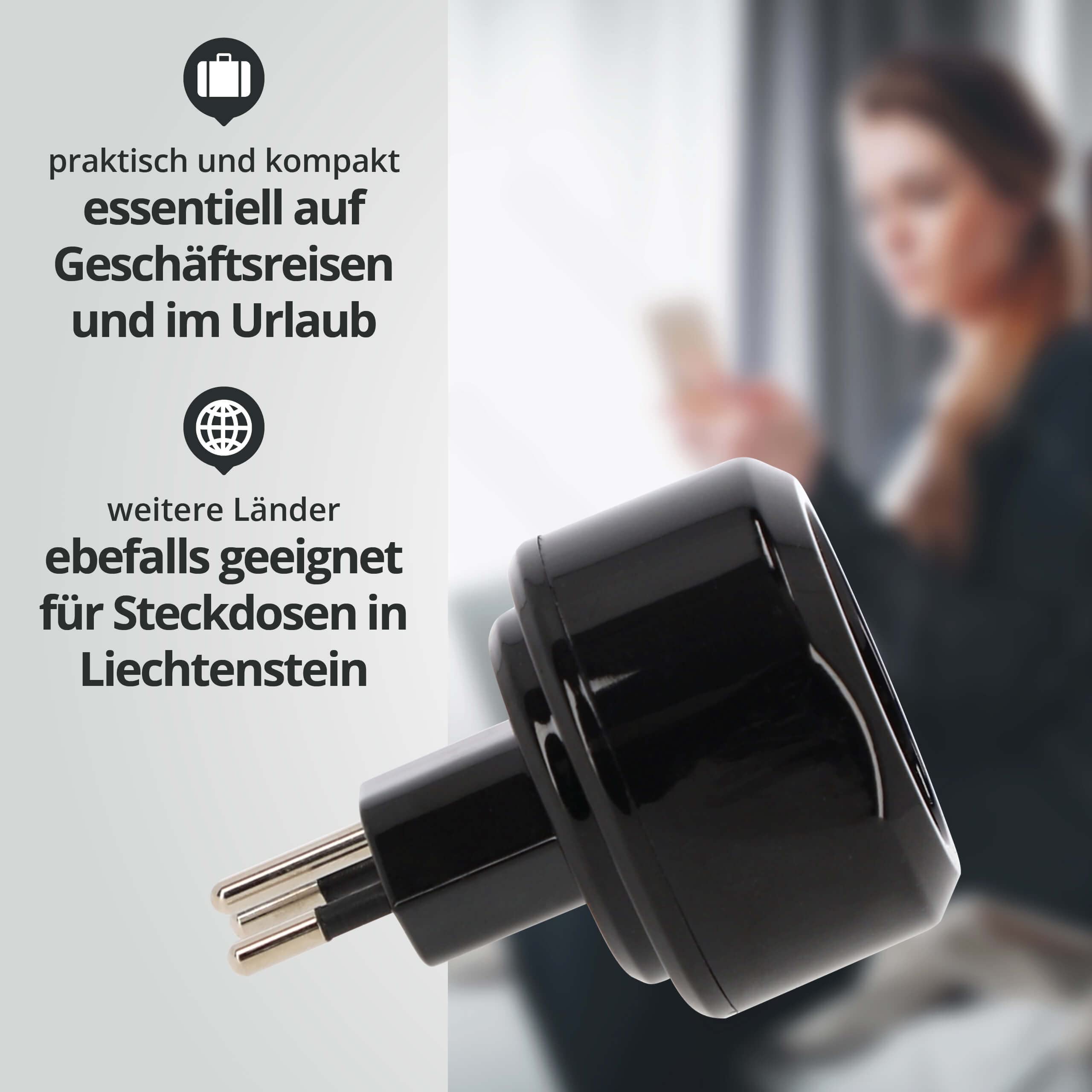 10er Set LED Universum Reiseadapter für Schutzkontakt-/Euro-Stecker (Typ F) auf Schweiz Liechtenstein Steckdose (Typ J) - schwarz | Reisestecker Steckdosenadapter 1508642
