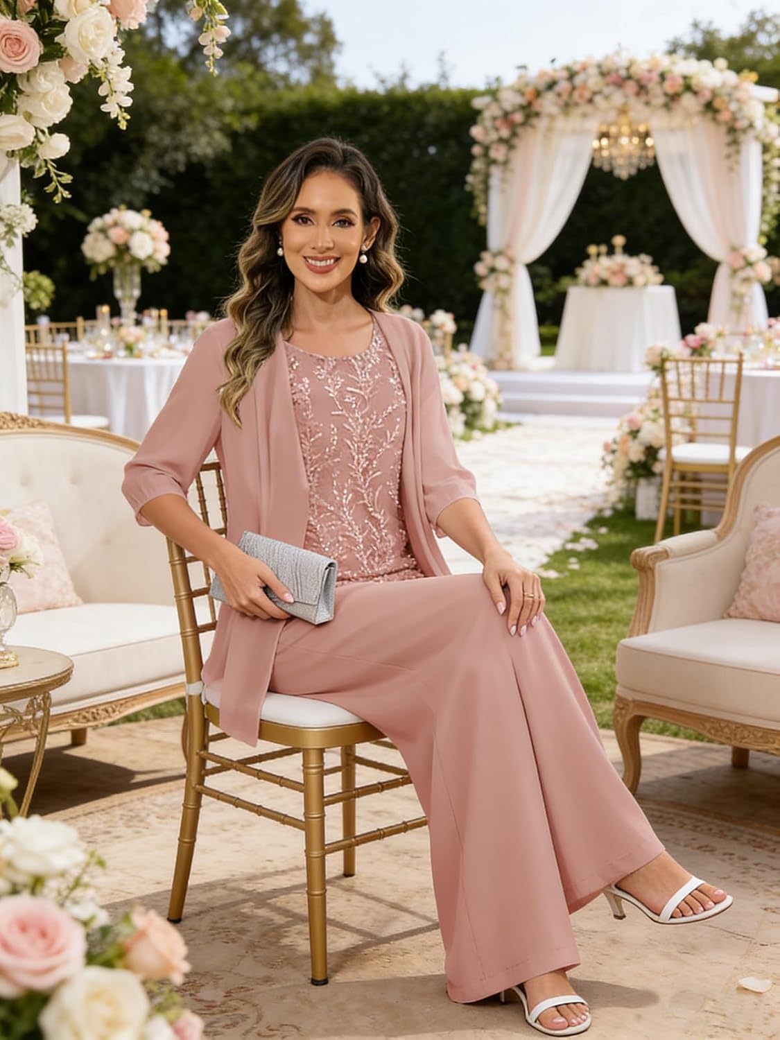 Mutter Der Braut Festlich Hosenanzug Damen 3-Teilig Chiffon Anzug Pailletten Brautmutter Outfit Hosenanzüge Mit Jacke