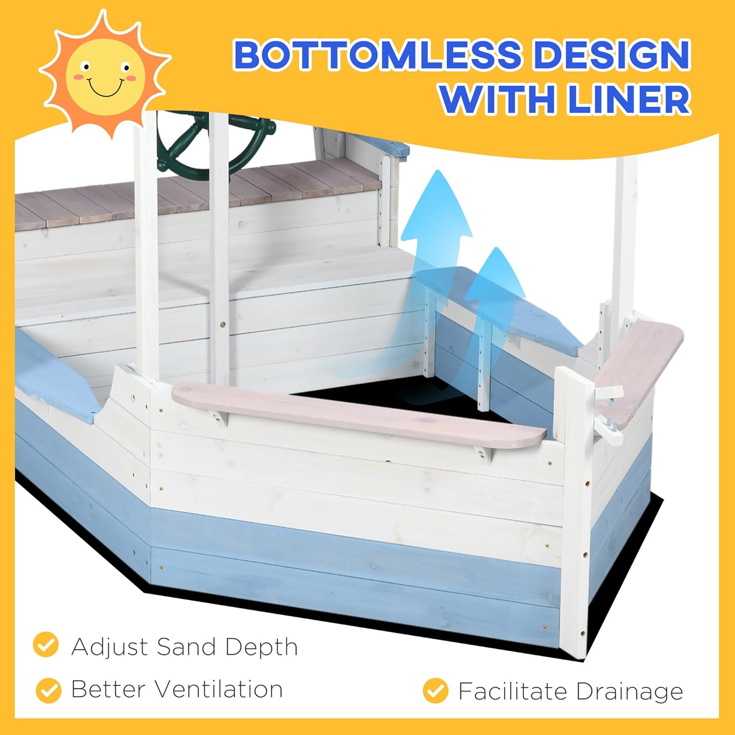 Outsunny Kids Sandbox with Canopy, Pirate Ship Wooden Sand Boxes with Bench for Backyard, Sand Pit for Toddlers, 83" x 43", Blue