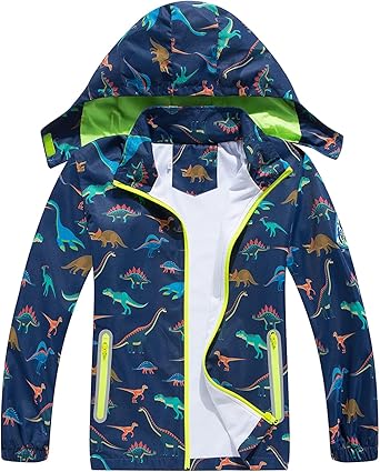 Boys Rain Jacket with Detachable Hood Lightweight Raincoats for Kids Windbreaker