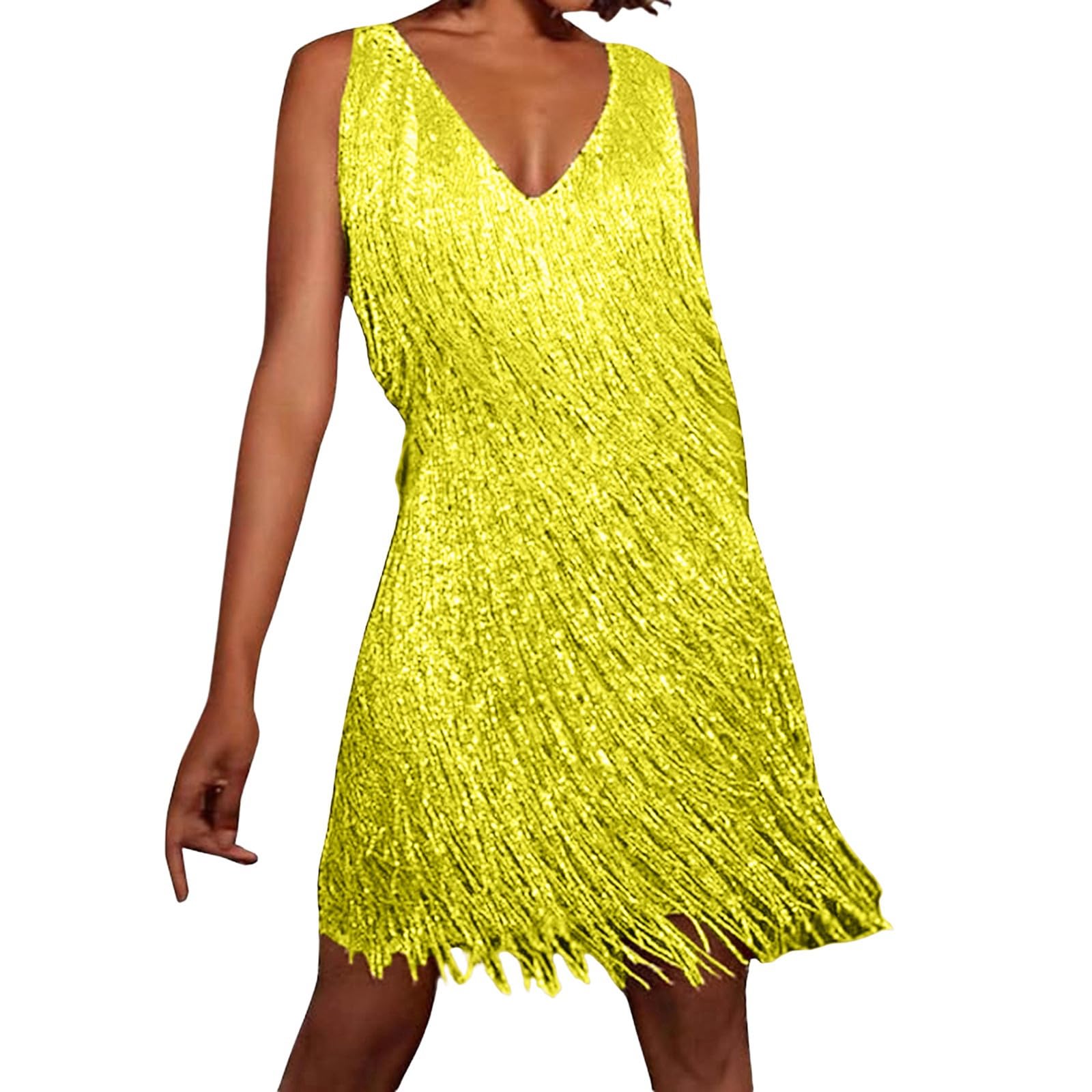 Glitter Dress Women's Tina Turner Fringe Dress Ochre/Gold Disco Outfit 70s Fringe Dress 20s Charleston Mini Dress Sequin Dresses for Women Spaghetti Straps Sexy Short Latin Dance Dress