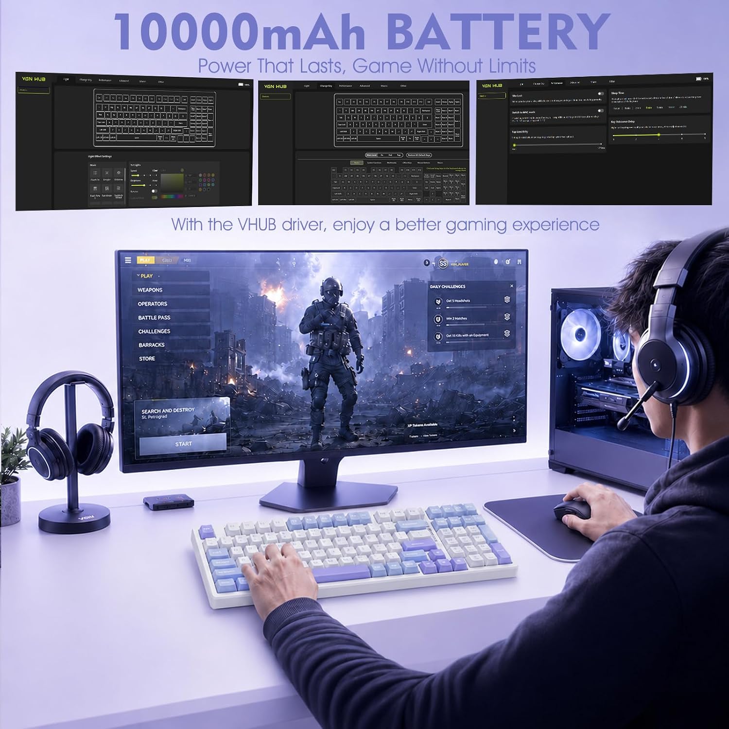 VGN V98ProV3 Gaming Keyboard, Tri-Mode Wireless Custom Mechanical Keyboard | Hot Swappable Gasket Keyboard , Bluetooth 2.4G USB-C, RGB Backlit Computer Keyboards for PC Mac, Pre-lubed Cow Switch, Purple 7 71aT2MPsnPL. AC SL1500