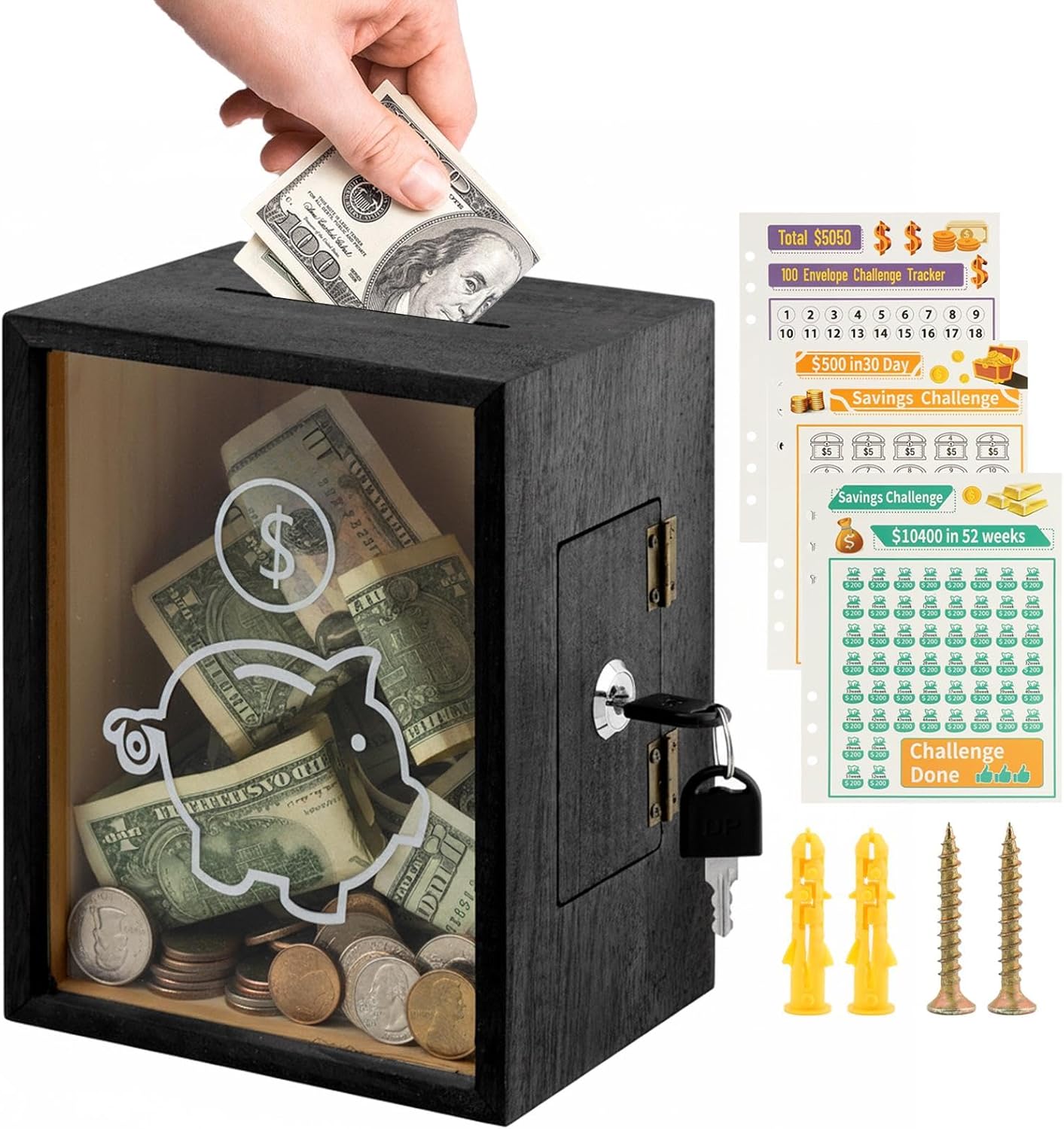 Clear Piggy Bank with Lock and Key, Large Reusable Acrylic Money Saving Box with Saving Tracker Cards, Openable Coin and Cash Bank for Kids and Adults