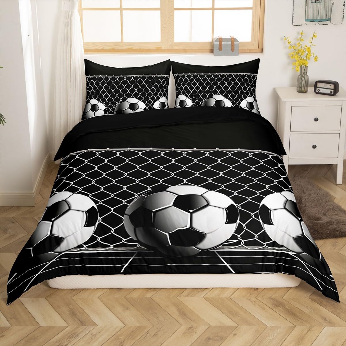 Homewish Poszewka na kołdrę do piłki nożnej podwójny zestaw pościeli na boisko do piłki nożnej dla dzieci chłopców nastolatków bramka sportowa geometria sześciokąt drużyna czarno-biała poszewka na