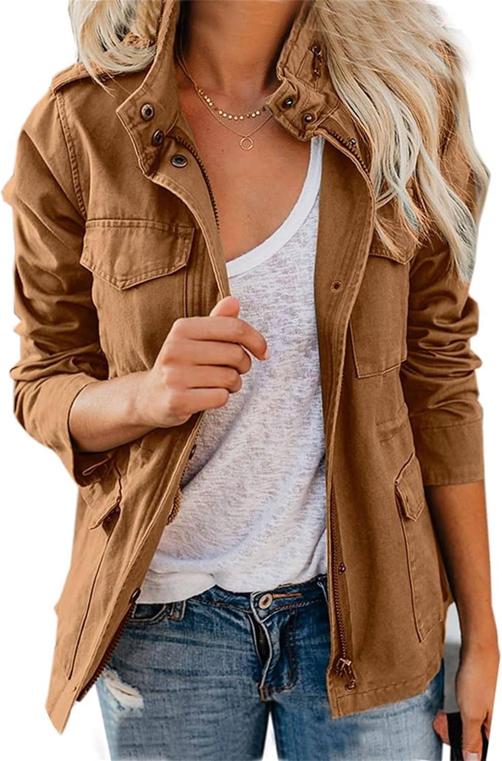 Womens Multi Pockets Military Jacket, Safari Utility Coats Snap Buttons Women's Military Anorak Jackets Long Sleeve Outerwear
