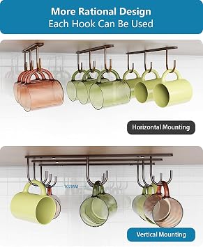 3 Pack Mug Hooks Under Cabinet with 9 Hooks for Displaying Mugs, Brown