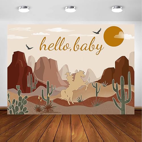 Avezano Hello Baby Baby Shower Backdrop Retro Cowboy Baby Shower Party Decorations Western Desert Cactus Cowboy Horse Party Photoshoot Background Supplies (7x5ft)