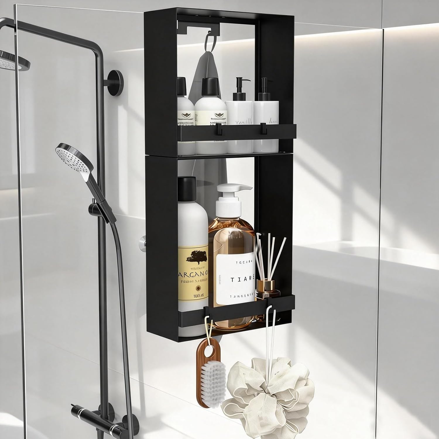 Over the Glass Shower Caddy Hanging, 2 Tier Stainless Steel Rustproof Shower Organizer Over Door with Removeable 4 Hooks & 2 Suction Cup, Bathroom Organizers and Storage Rack, Bathroom Decor - Black