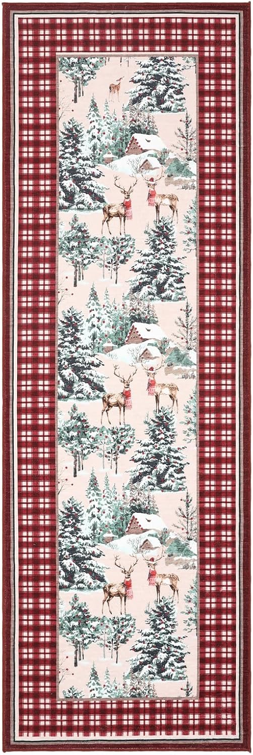 GarveeHome Christmas Washable Runner Rug 2.5x8, Holiday Decor Runners for Kitchen Soft Low Pile Christmas Tree and Deer Rug Non Slip Long Carpet for Living Room Laundry Hallway, Red