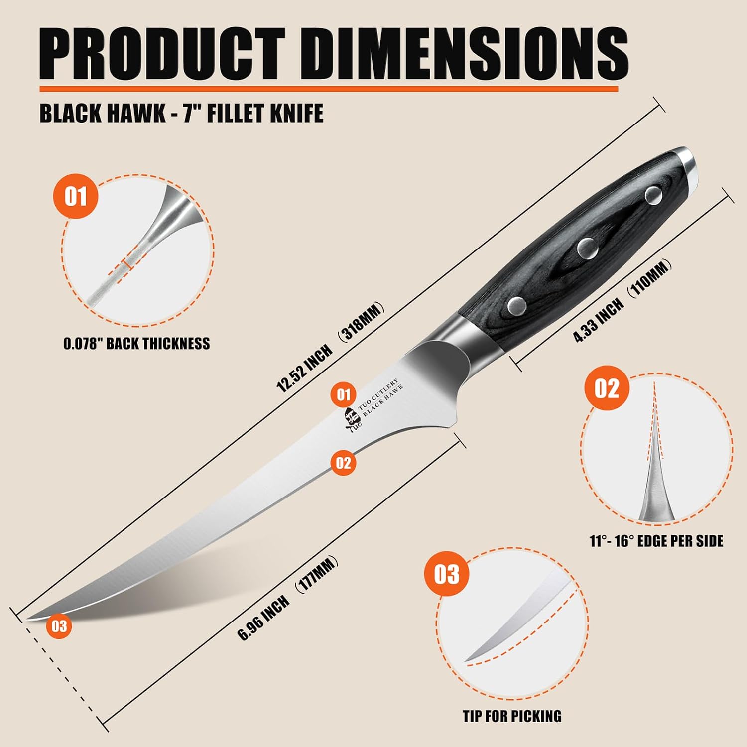 TUO Fillet Knife, 7 Inch Professional Fish Boning Knife for Trimming Meat & Poultry, Flexible Blade, High Carbon German Steel, Full Tang Handle - Black Hawk Series