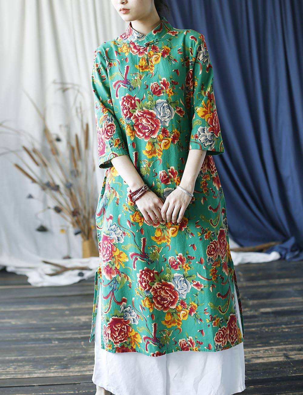 Women Chinese Traditional Northeast Flower Cheongsam Qipao Mandarin Collar Keyhole Dress with Pocket - Image 3