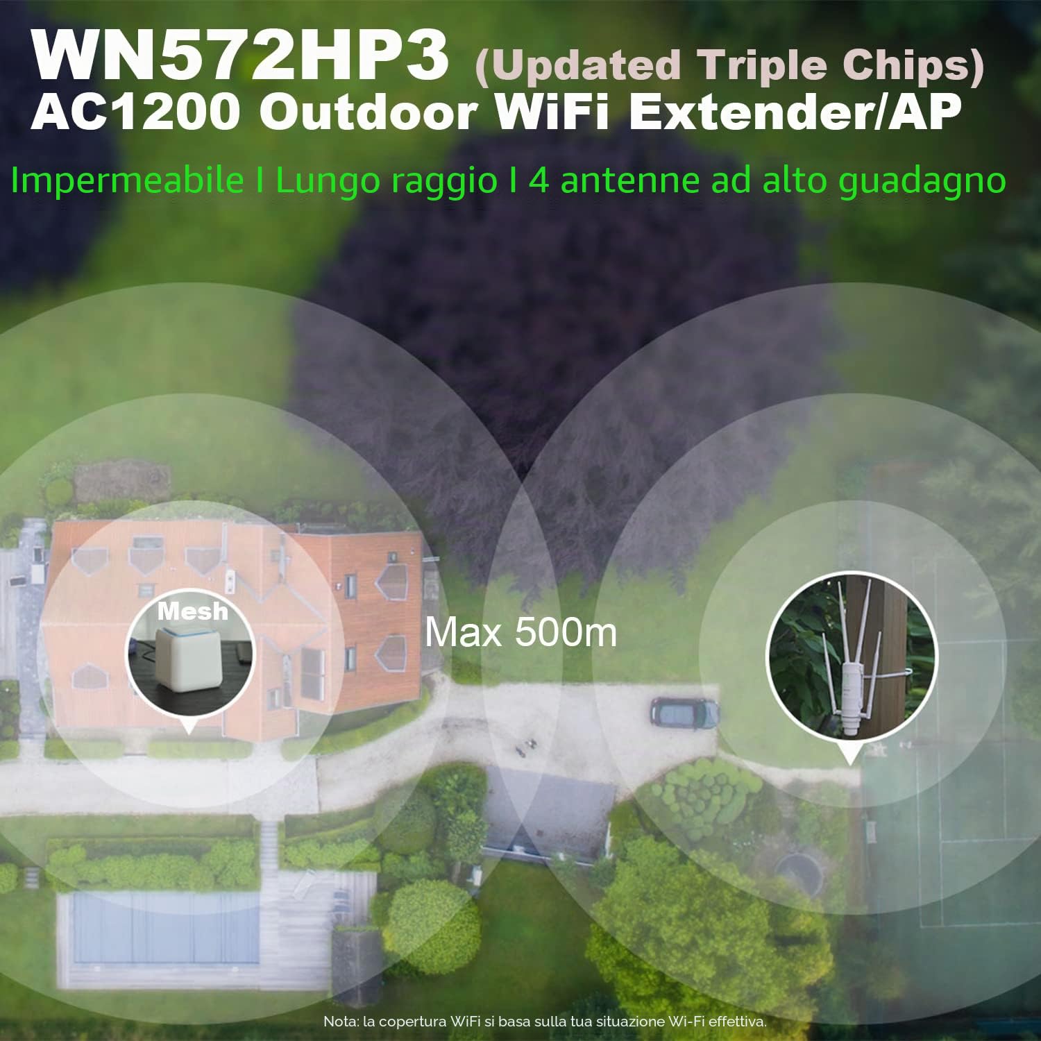 AC1200 Dual Band 2.4+5GHz 1200Mbit/s Ripetitore WiFi Esterno Potente/Extender Mesh WiFi Outdoor/Access Point (AP)/Antenna WiFi/Amplificatore Segnale WiFi(1xGigabit LAN, 4x7dBi, PoE Passivo, WN572HP3)