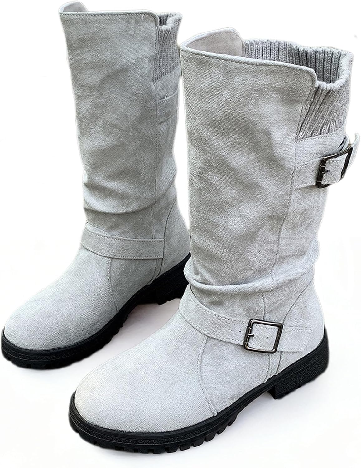 Women's Faux Suede Belt Buckle Woolen Mid-Calf Boots, Vintage Solid-Color Biker Riding Boots with Adjustable Buckle, Non-Slip Casual Shoes