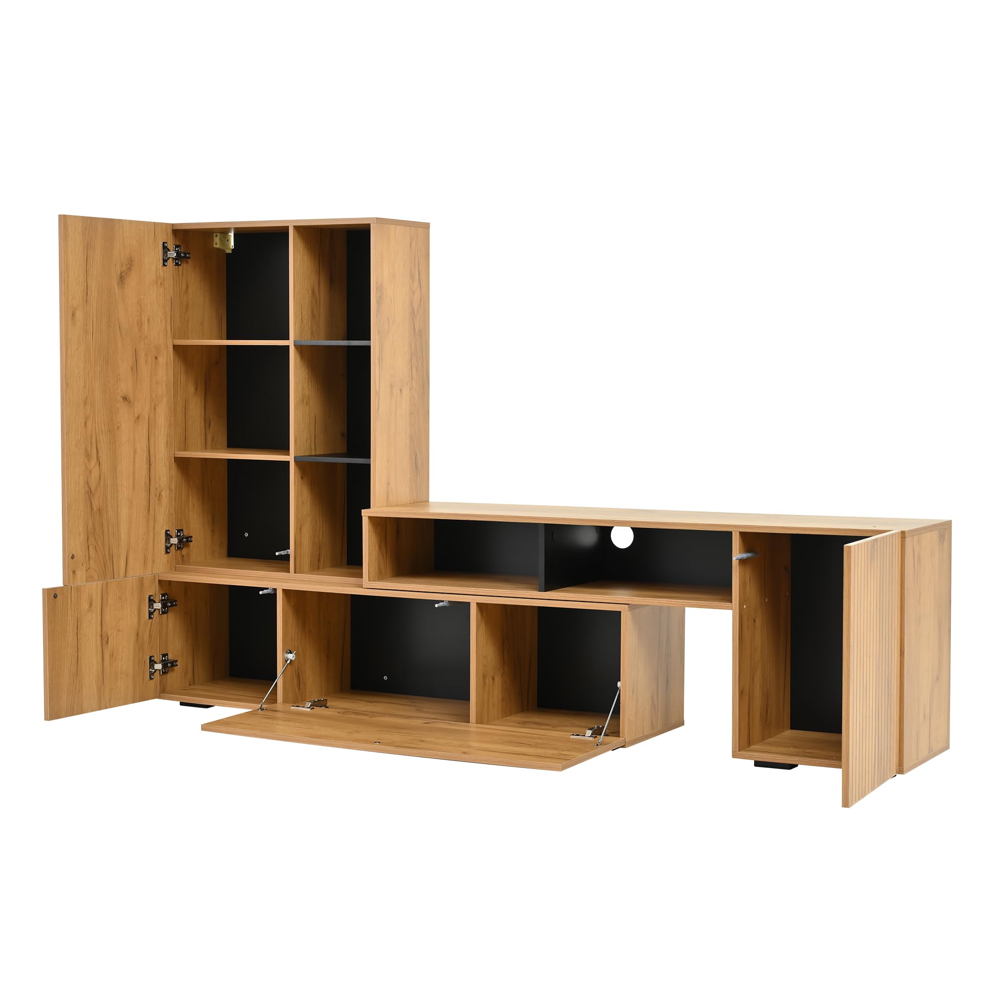 Juego de pared para TV con vitrina (juego completo, 2 unidades), incluye tabla de TV y estantería, juego de muebles de salón, longitud flexible hasta 265 cm, de pie y colgante, TV hasta 120 pulgadas