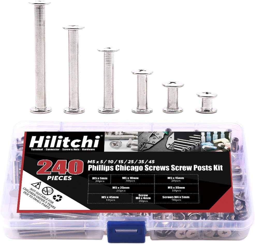 Hilitchi 240-Pcs(120 Pair) M5 x 5 / 10 / 15 / 25 / 35 / 45 Phillips Chicago Binding Screws Scrapbook Photo Albums Binding Screws Screw Post Extenders Assortment Kit