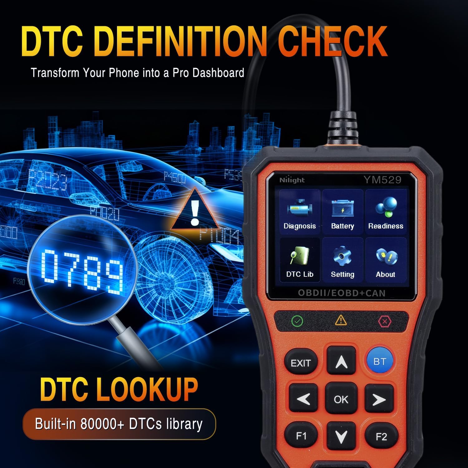 Nilight YM529 Smart Wireless OBD2 Scanner with Wireless Update - Professional Car Diagnostic Tool with 2.8" IPS Screen - Auto Code Reader for Check Engine Light & Wireless Update, 1996-2026 Vehicles