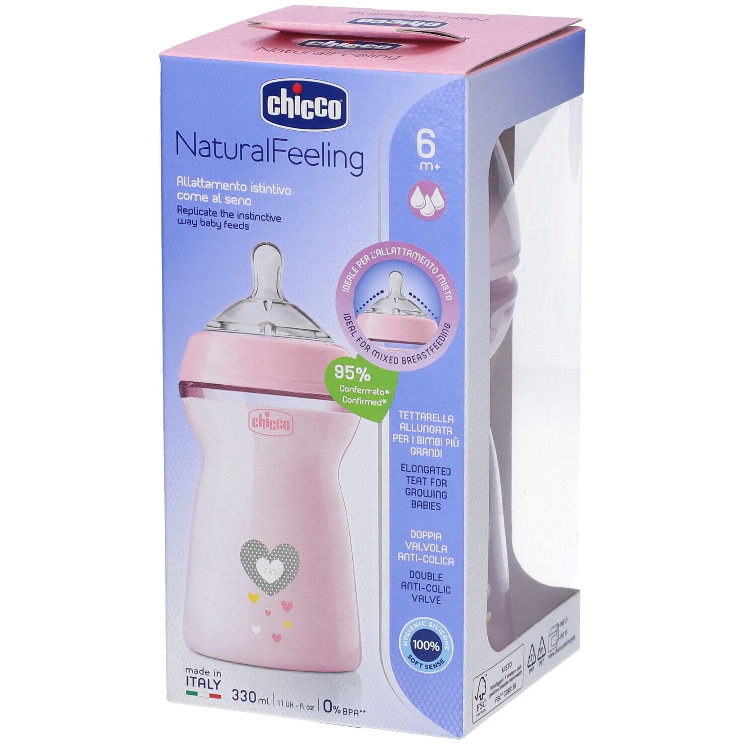 Chicco Natural Feeling Anti-koliek fles 6 maanden 330 ml, babyfles met speen van zachte en flexibele siliconen, geschikt voor gemengde borstvoeding, snelle vloeiing, 1 stuk, neutrale kleur
