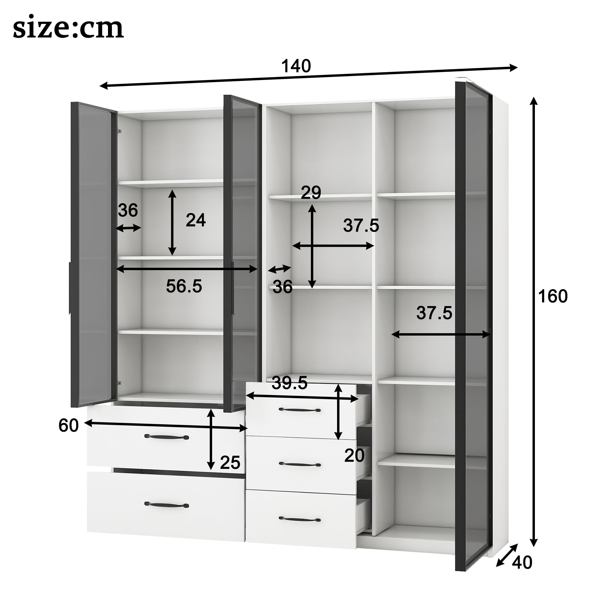 Vetrina in vetro 140 x 40 x 160 cm, armadio alto, libreria e armadio multifunzione con scomparti in vetro e aperti, cerniere a chiusura delicata, vetrina LED multicolore