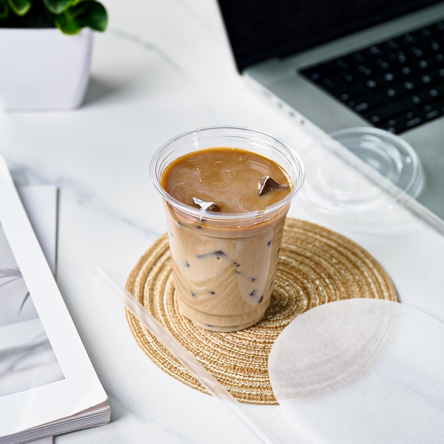 JOLLY CHEF 100 Pack 12 oz Clear Plastic Cups with Lids and Straws, Disposable Iced Coffee Cups with Lids for Smoothies, Milkshakes, Cold Drinks, Includes Paper Lid Liners - Image 6