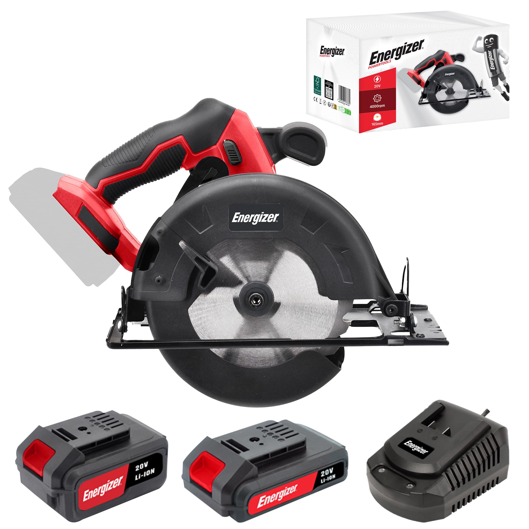 Energizer - Sierra circular a batería de 20 V (pilas incluidas) - 4000 rpm - Hoja de 165 mm/Corte hasta 45 mm (33 mm a 45°) - Guía de desplazamiento + llave de cambio + hoja para madera incluida