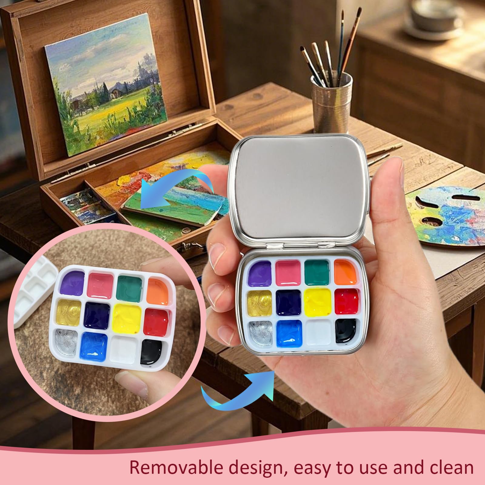 Sgphrzlt 4 Pack 12 Wells Mini Watercolor Palette with Lid, Small Portable Travel Empty Paint Tray, Tiny Removable Reusable Water Color Tin Box, Metal Gouache Pans Storage Containers, White