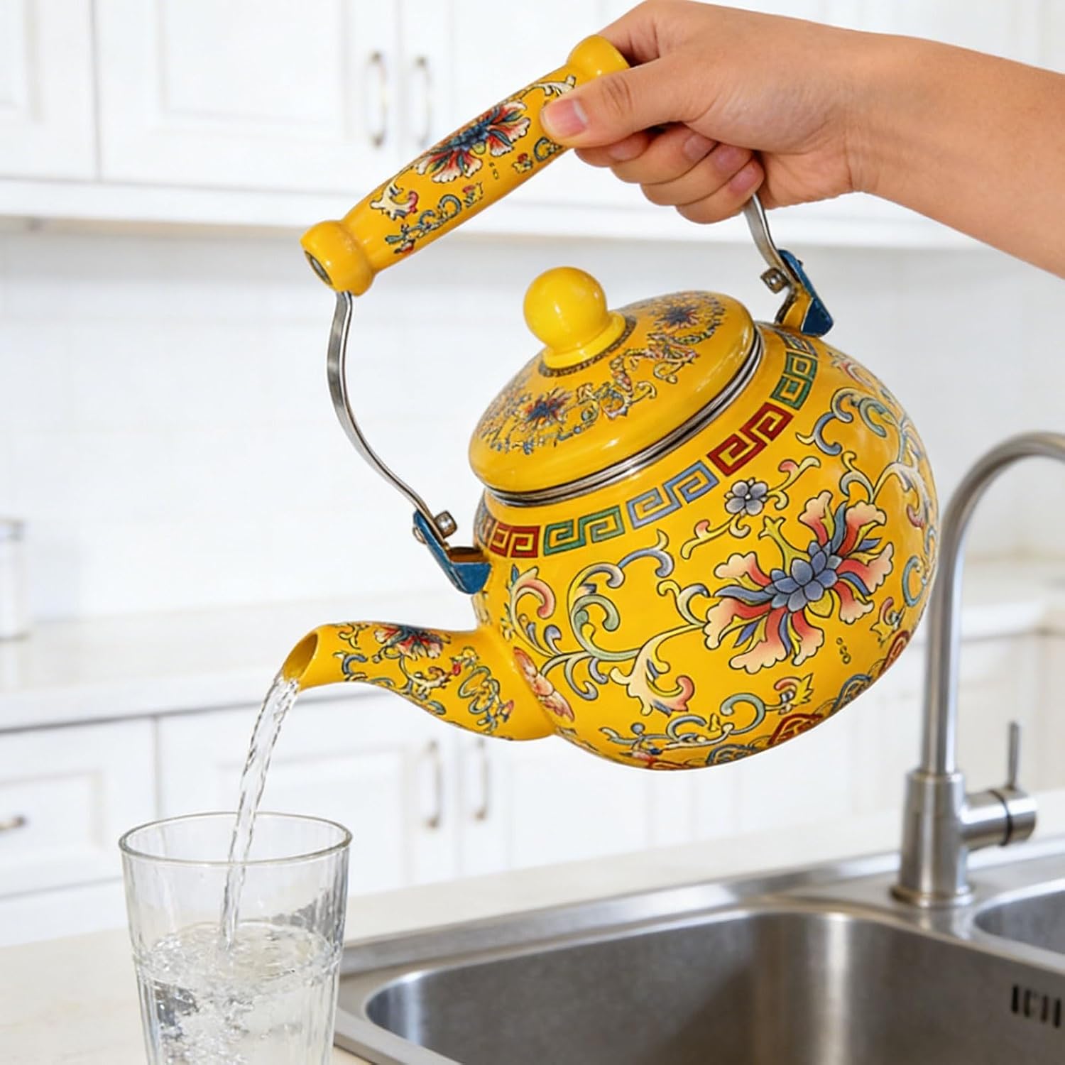 Vintage Floral Yellow Enamel Tea Pot, 2.1 Quarts Tea Kettle with Infuser, Teapot for Stove Top with Cool Touch Ergonomic Ceramic Handle for Boiling Water Coffee or Milk