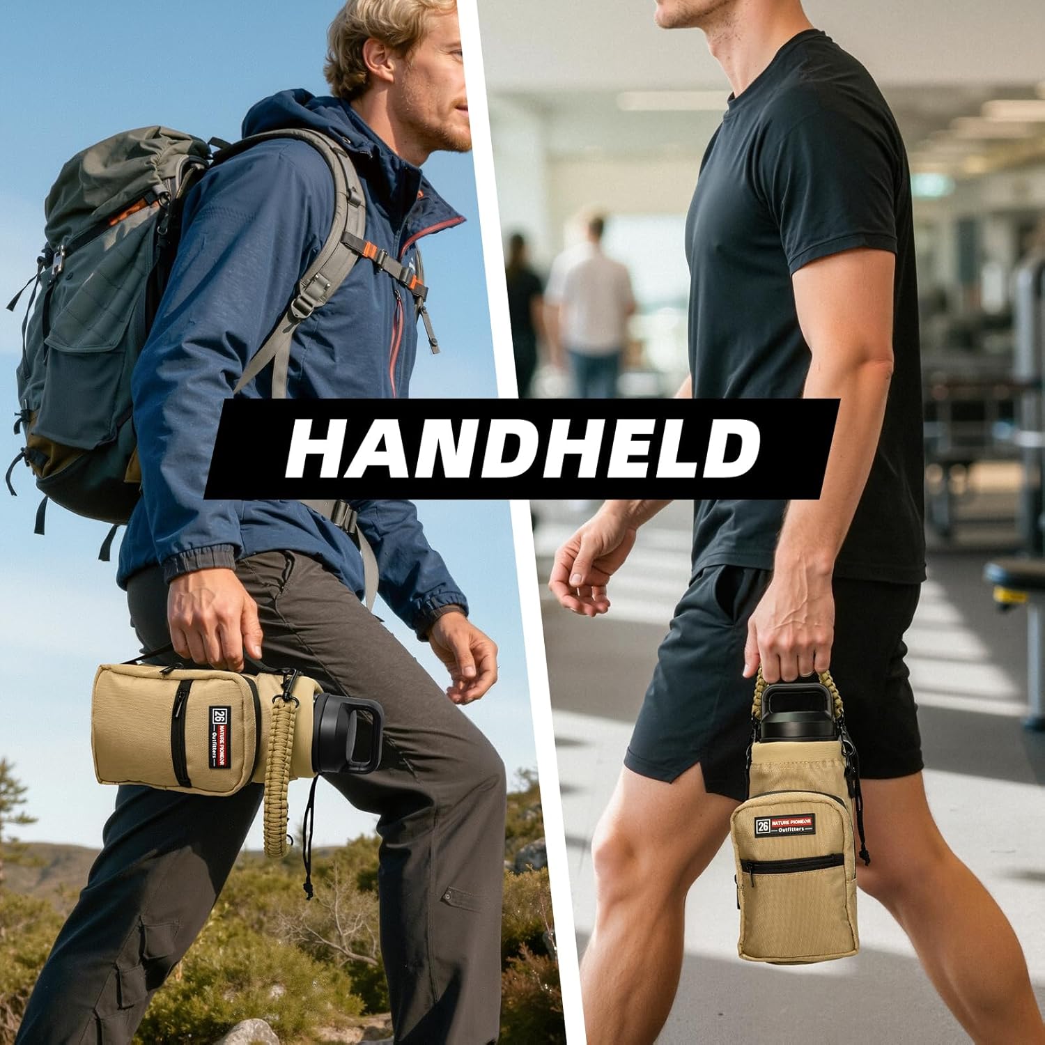 NATURE PIONEOR Water Bottle Holder with Adjustable Strap - 26/32/36/40/46/64oz Insulated Water Bottle Sling Carrier with Paracord Handle & 2 Pockets, Outdoor Sports, Hiking, Camping, Gym - Image 8