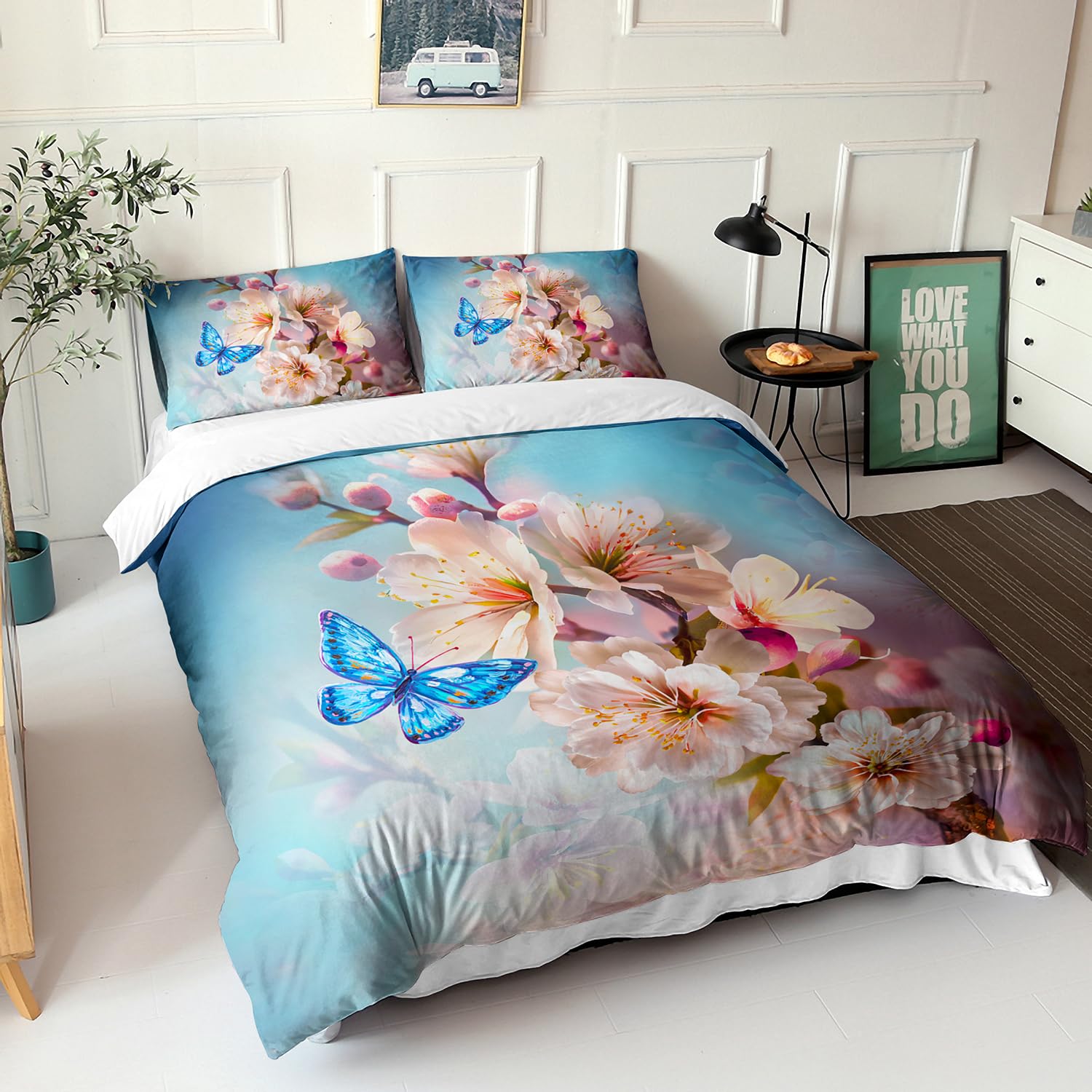 AILONEN 3D Flowers Duvet Cover Set King Size, Pink Rose with Blue Butterfly Bedding Set for Girls Women,Romantic Cherry Blossom Theme Comforter Cover,1 Quilt Cover and 2 Pillow Case,3 Piece