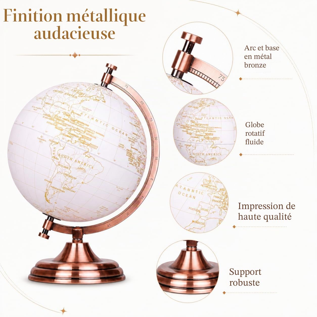 EXERZ 20cm Globe d'or Couleur Métallique - Carte en Anglais - Décoration De Bureau Éducative, Géographique Et Moderne - Arc Et Base En Métal, Revêtus De Couleur Dorée