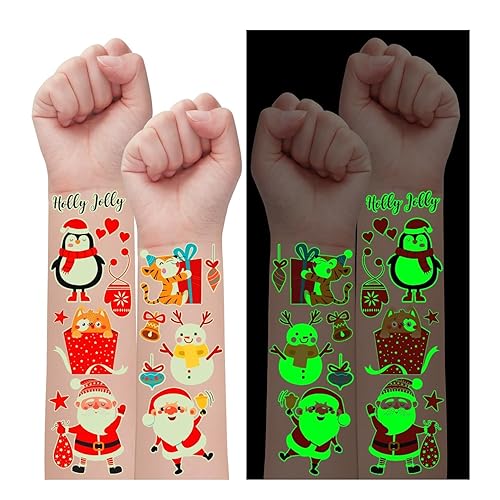 Partywind 20 hojas (185 estilos brillantes) de tatuajes temporales de Navidad para niños, rellenos de calcetines de Navidad con muñeco de nieve,