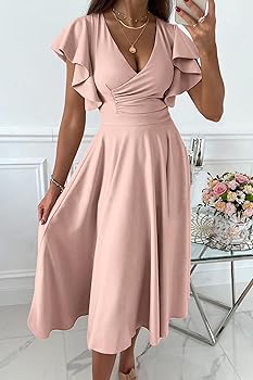 ワンピース Garden Party Ruffled Midi Dress Fanxing Women's Casual Summer Midi Dress Puffy Short Sleeve