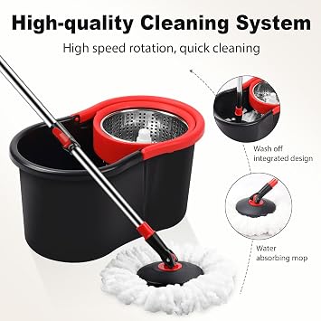 Spin Mop and Bucket, Mop and Bucket with Wringer Set for Home, 360 Spinning Mop Bucket Floor Cleaning Tool with 1 Microfiber Mop Replacement Head,50 Stainless Steel Handle (Black-Includes 1 mop)