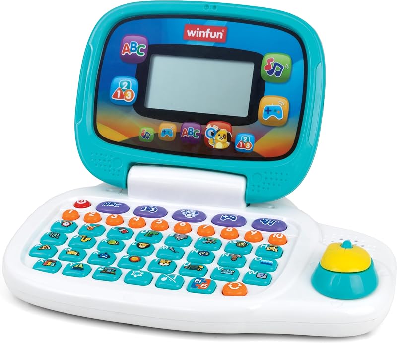 Winfun Computadora portátil de aprendizaje bilingüe para niños - Juguete educativo en inglés y español para niños pequeños mayores de 3 años con juegos, música, letras, números, pantalla LCD, mouse y asa - Juguete preescolar interactivo