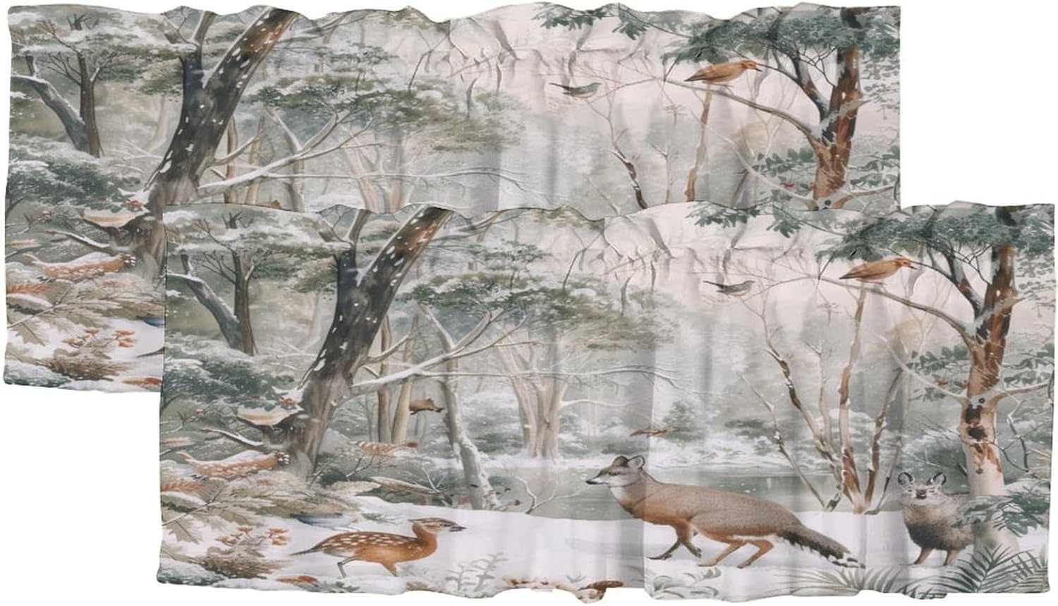 Abstract Winter Woodland Fox Window Valances,Rustic Forest Floral Animal Bird Deer Valance Rod Pocket Curtains Treatment for Bedroom -54x18inch（2Pcs）
